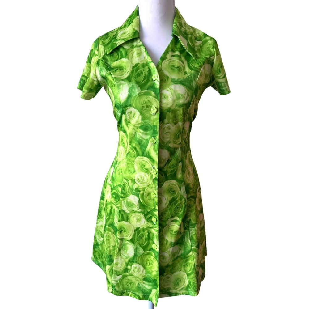 Joules Vintage Mini Dress Green Rose Floral Button Up Mod Retro 90s Y2K Small